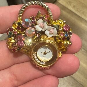 Gold tone Brooch with Watch and Floral Accents